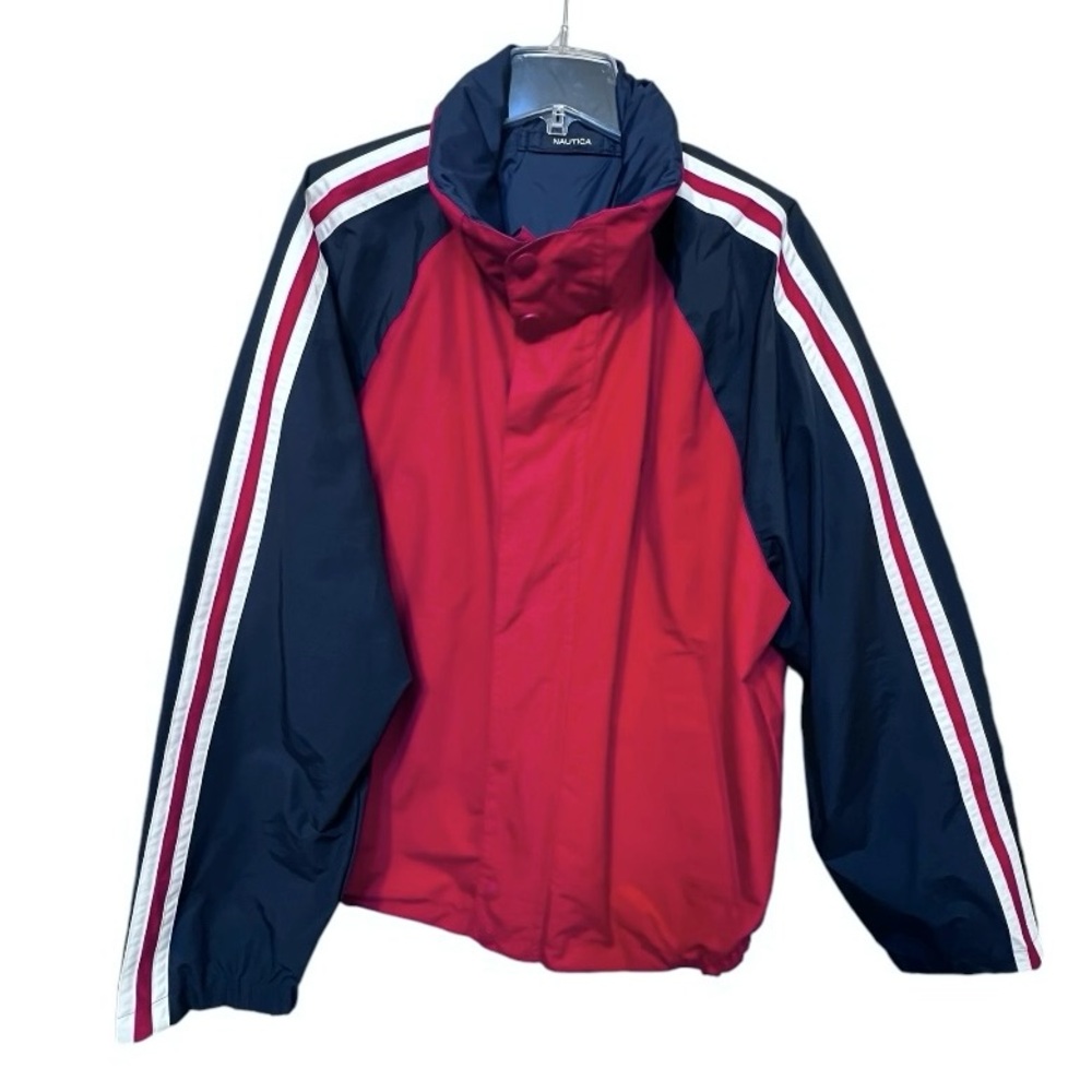 Men’s Vintage Nautica Jacket Coat Reversible Lightweight Hooded Red Navy XXL 2XL